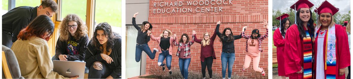 Left photo: A group of four students gather around a laptop, smiling and working together inside a bright campus building.  Middle photo: Six students jump in the air in front of the Richard Woodcock Education Center, celebrating and laughing.  Right photo: Two graduates in red caps and gowns smile and pose for a photo, wearing colorful stoles.