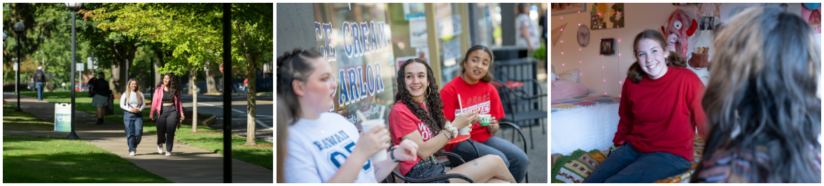 Another set of 3 images. In the first, two students walk in the sun on WOU's campus. In the next, three students sit outside the ice cream parlor in Monmouth. In the last, a student smiles on her dorm bed.