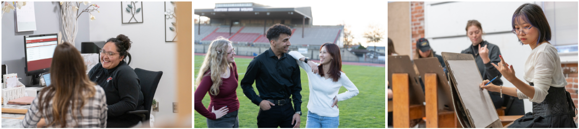 A set of three images of students. A student talks with their advisor. Another three pose on the football field. An art class draws their hands.